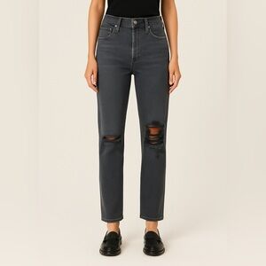 AGOLDE Black‎ Lana Mid Rise Distressed Straight Leg Jean
